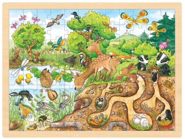 Puzzle aus Holz Einlegepuzzle Wildnis Natur goki 96 Teile