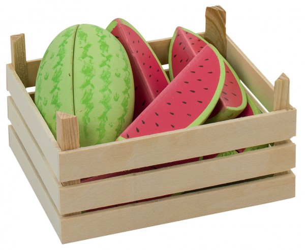 Holz-Melonen in Obstkiste Kaufmannsladen Marktstand