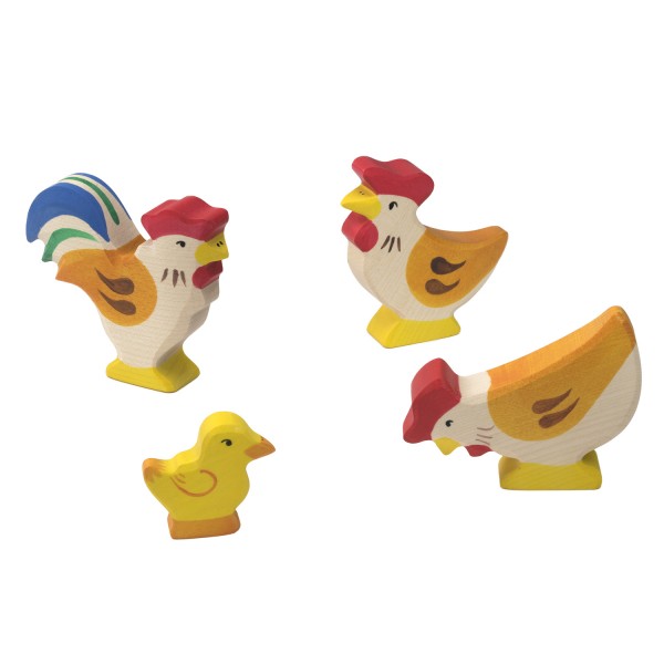 Holztiger Huhn Hahn und Küken Set mit 4 Holzfiguren