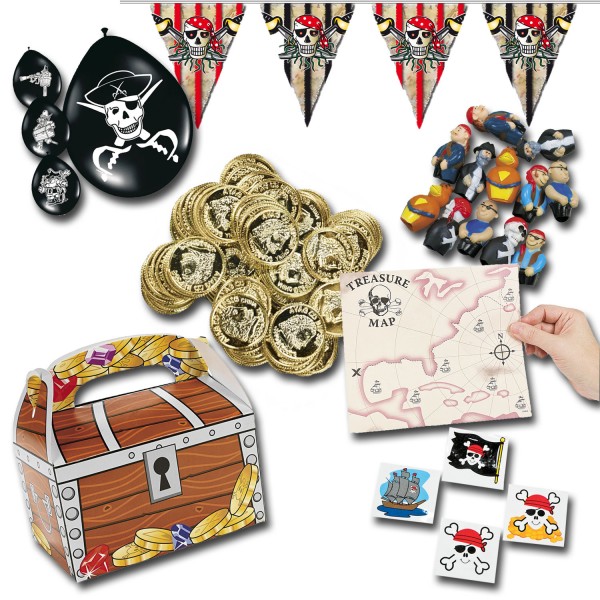 Piratenparty Mitgebsel Set B mit 225 Teilen Schatzkiste Schatzkarte Ballons Fingerpuppen