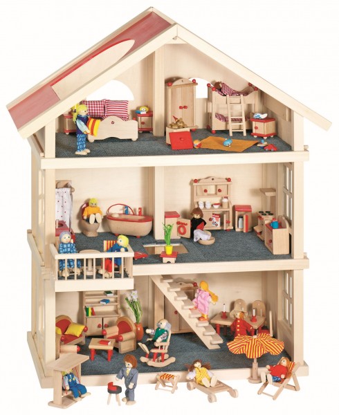 Puppenhaus von goki 3 Etagen mit 5 Zimmereinrichtungen aus Holz